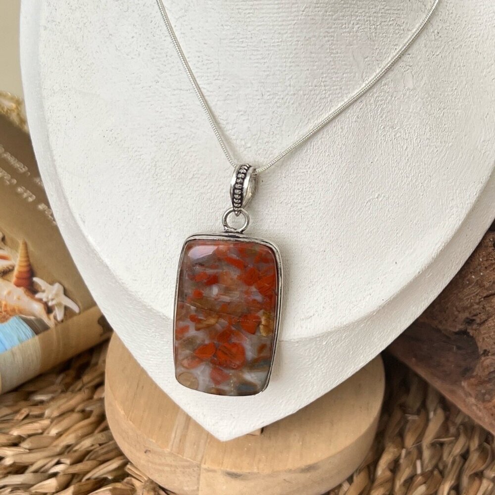 Vintage Large Sterling Silver 925 Red Jasper Pendant 925 Rope Chain Necklace